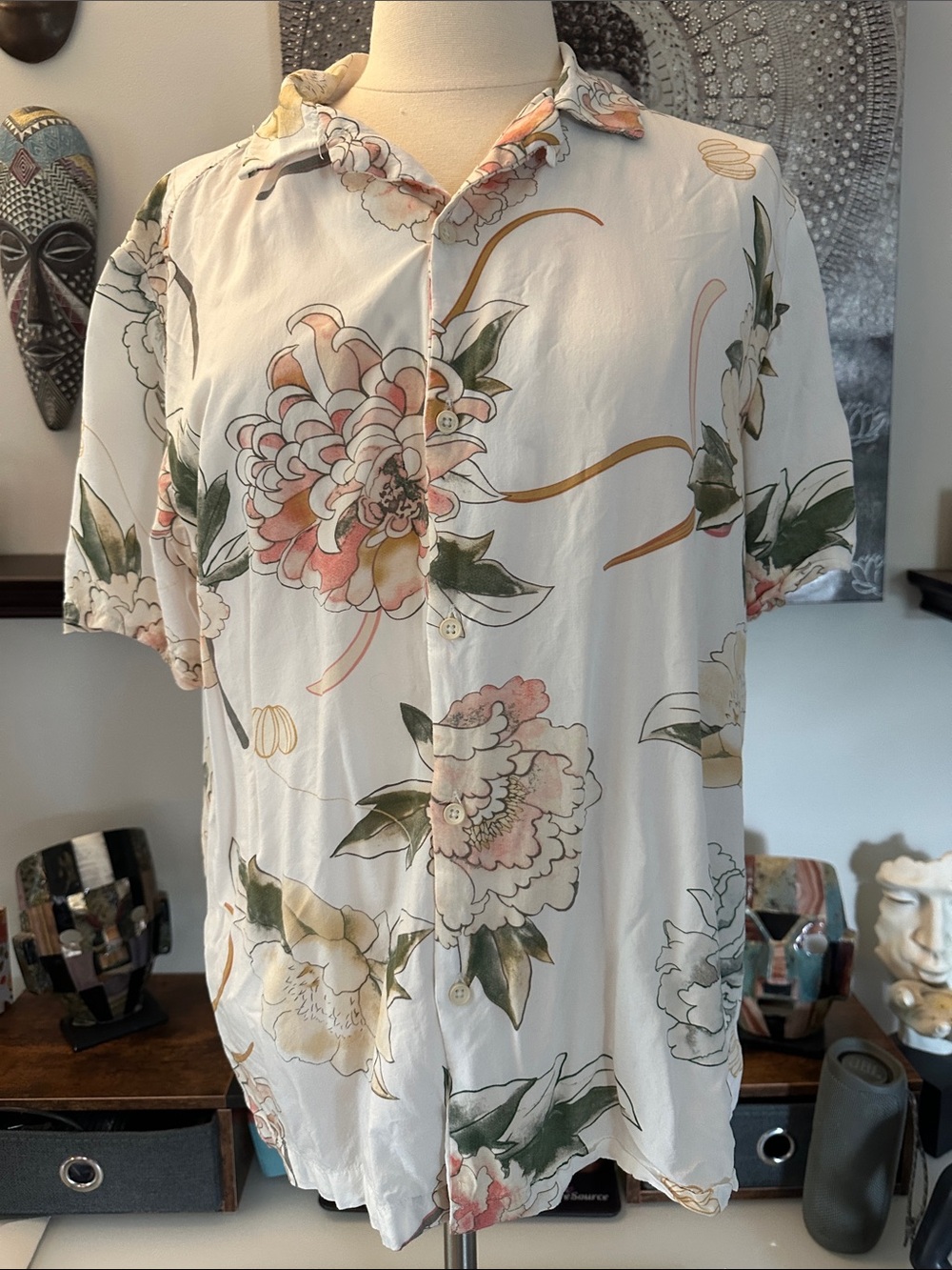 Denim & Flower Cream Floral Button-Up Shirt with Green Leaves